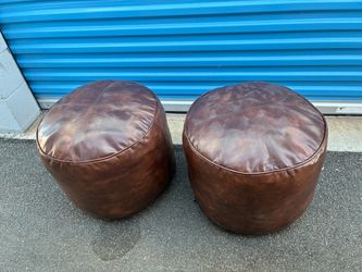 Set of 2 Brown Leather Round Ottomans