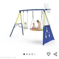 Swing Sets for Backyard, Heavy-Duty Swing and Slide Set, 440lbs 4 in 1Outdoor Swing Set with Saucer Swing, Swing Seat, Soccer Goals and BasketballHoop