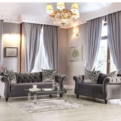 Brand New Upscale Plush Grey Velvet Chesterfield Design Sofa & Loveseat 
