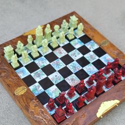 Chinese Asian Figure Chess Board Game Set Carved Dragon Wood Case Inlaid Tile