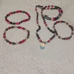 Semi Precious Stone Necklace and three Bracelets 