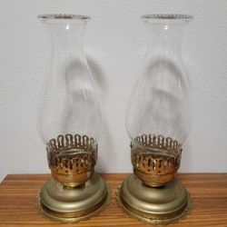 Rare Vintage brass candle holder hurricane lamp w/glass 5X5X11”