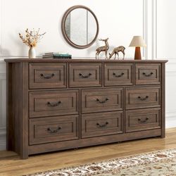 Farmhouse 10 Drawer Dresser for Bedroom, 63” Wood Chest of Drawers with Rustic Handles, Wide Closet Dressers Organizer, Living Room, Hallway, Bedroom
