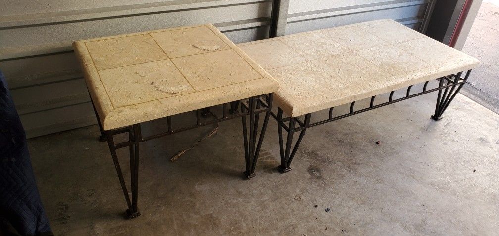Contemporary Lime Stone And Wrought-iron Tables