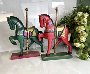 Vintage Hand-Carved Wooden Carousel Horses - Folk Art Decor Set (2) - 12" Tall