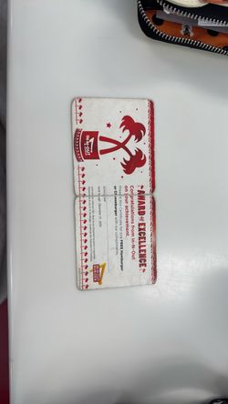 Vintage In-N-Out award of excellence certificate for one free, hamburger or cheeseburger
