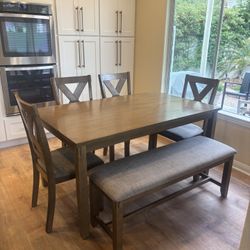 Dining Table Kitchen Walnut Wood Brown 4 To 6 Seat Set With Bench