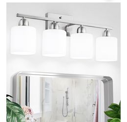 4 Light Bathroom Light Fixtures, Brushed Nickel Vanity Lights for Bathroom with Milky White Frosted Glass Shade, Wall Lights for Mirror Bedroom Living