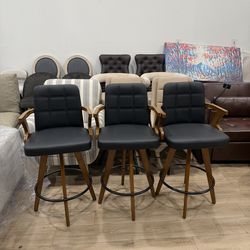 Black Bar Stools Set of 3, Kitchen Counter Stools 26” H,Modern Leather Counter Height Chairs with Back,Kitchen Island Chairs,Swivel Stools for Kitchen