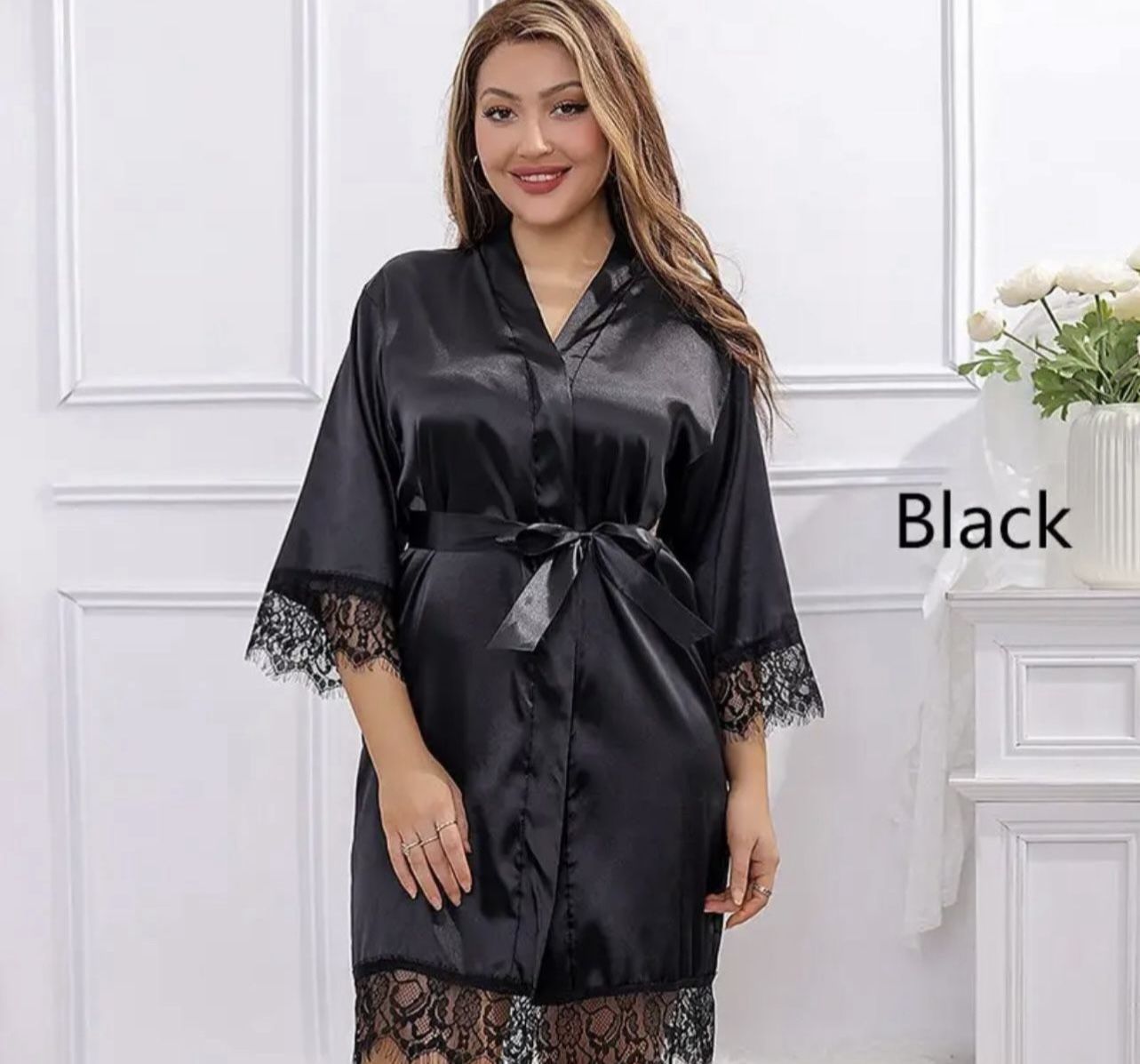 Women Ice Silk Pajamas Robes Sleepwear Nightgowns Nightdress Black L Lace Smooth Soft Comfortable size large
