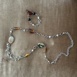 Silver Chain Adorn With Stones And Matching Bracelet