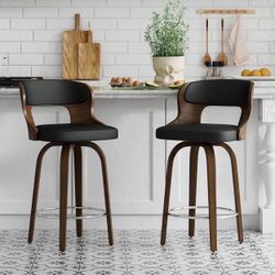 Counter Height Bar Stools 26" Barstools with Bentwood Legs and Back,Leather Swivel Counter Stools,Mid Century Swivel Set of 2 for Kitchen,Restaurant (