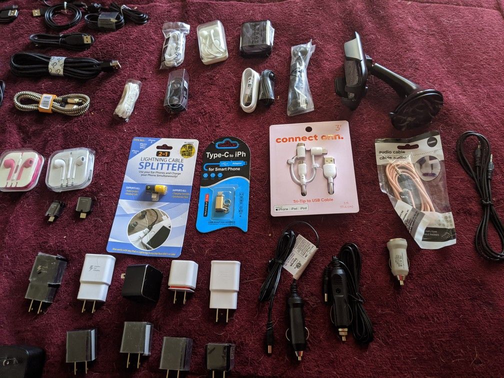Chargers, adapters cords and headphones for iPhones an android