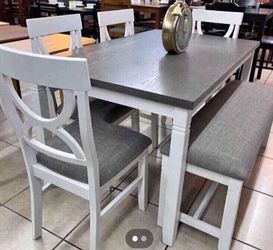 ✅️✅️(6 pc white & grey finish wood dining table set grey padded seat chairs and bench✅️✅️