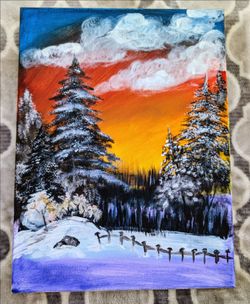 Scenic Snowy Field (acrylic on canvas) hand painted ~ 16" x 12"