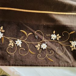 New Table Runner 72” X 14”, Brown With Embroidery And Ribbon Floral Work On Edges.