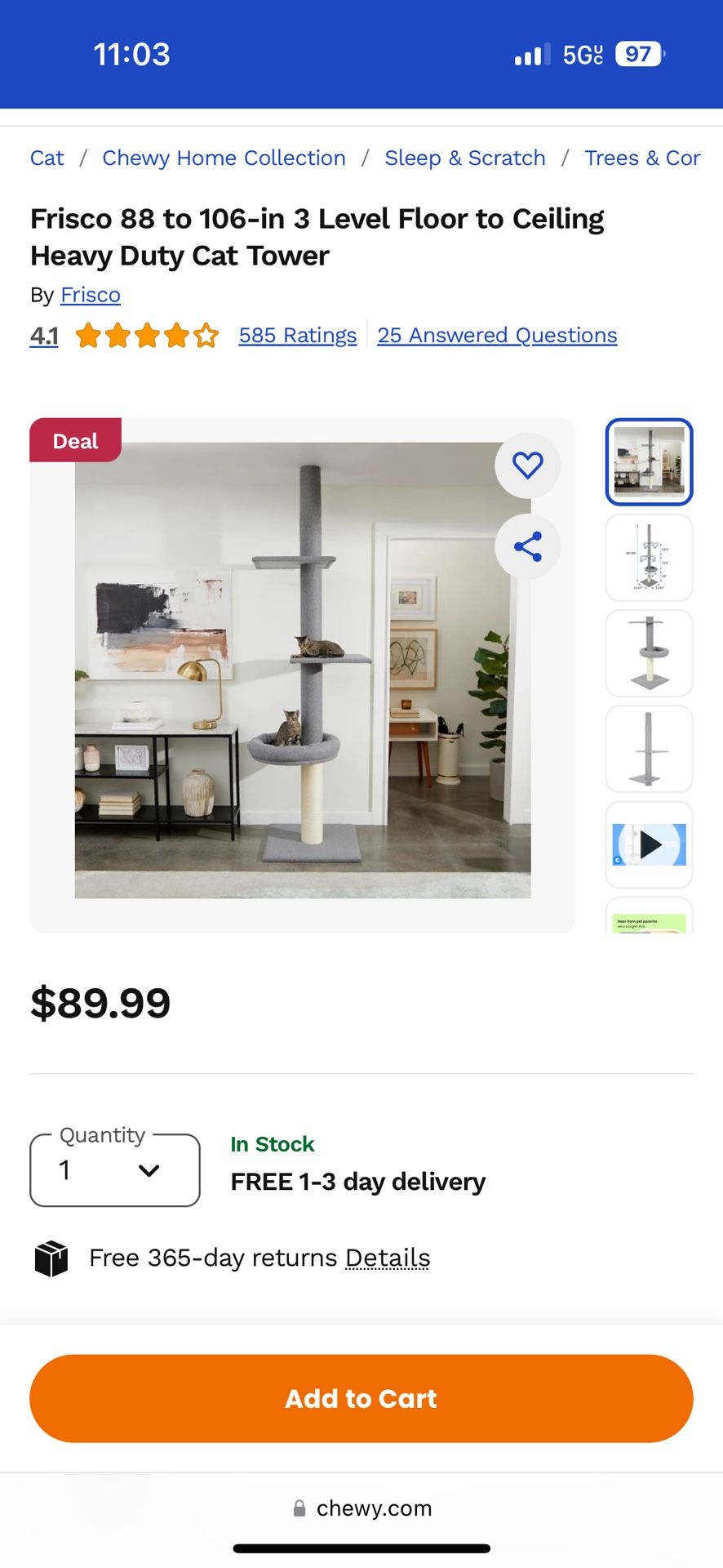 New Frisco Floor to Ceiling Cat Post/Tower