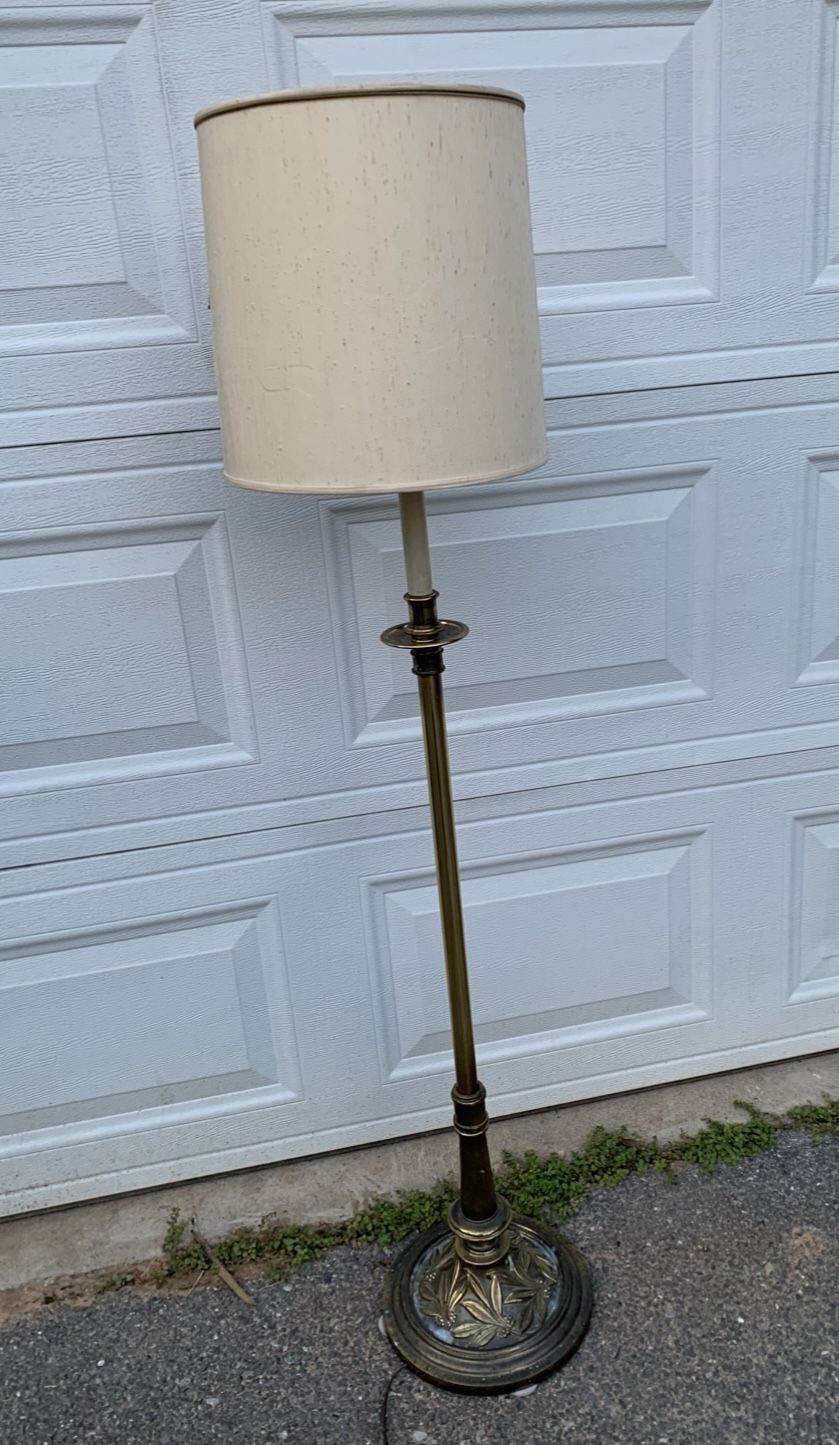 Vintage Brass Floor Lamp w/ Ornate Embossed Leaf Base & Drum Shade – 54.5” Tall