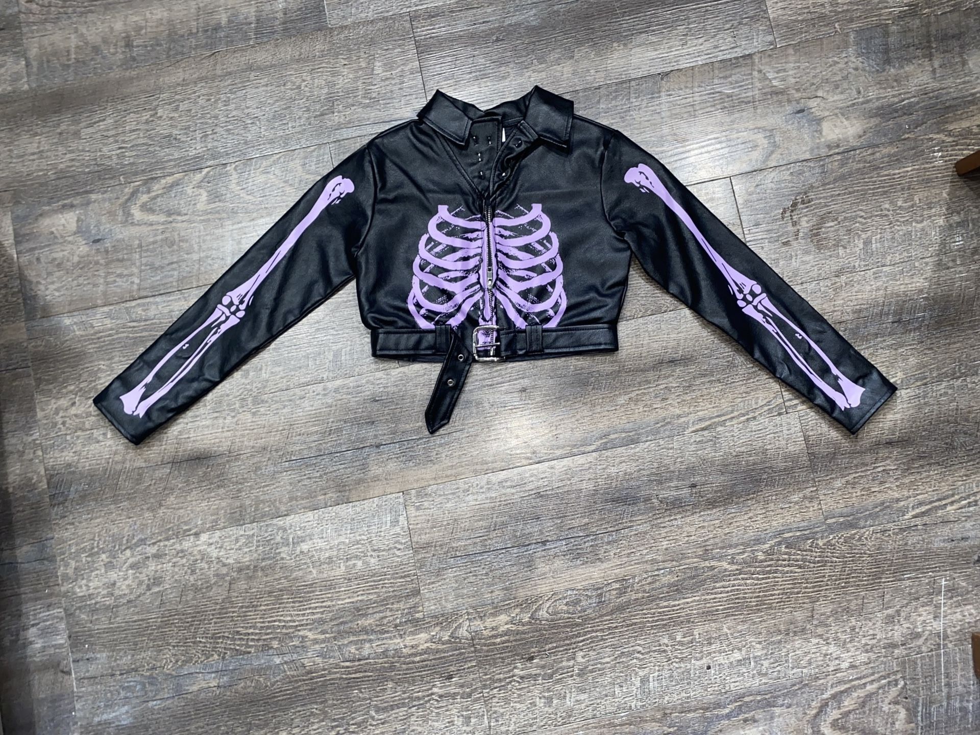 Spirit Halloween Black Faux Leather Jacket with Purple Skeleton Kids Size Small