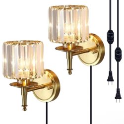 Set of Two Crystal Wall Sconces with dimmer, cord and plug in , gold 