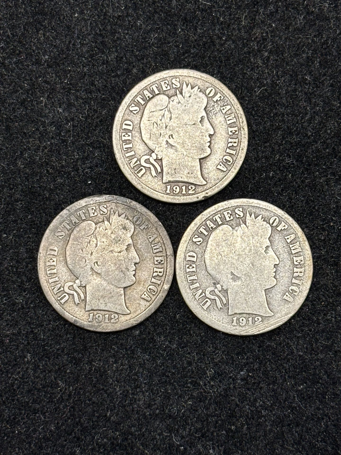 Set 1912 P, D, S Barber Silver Dimes--LOW COST COIN SET WITH KEY DATE! — SHIPPING AVAILABLE!!