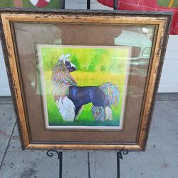 Vintage Professional Framed Llama Or Alpaca Vibrant Signed Watercolor Painting