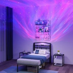🛏️ Twin Metal Bed Frame w/ Headboard, Lights + Charger ✨🔌  14” Tall | Galaxy Projector | Brand New | $90 OBO 