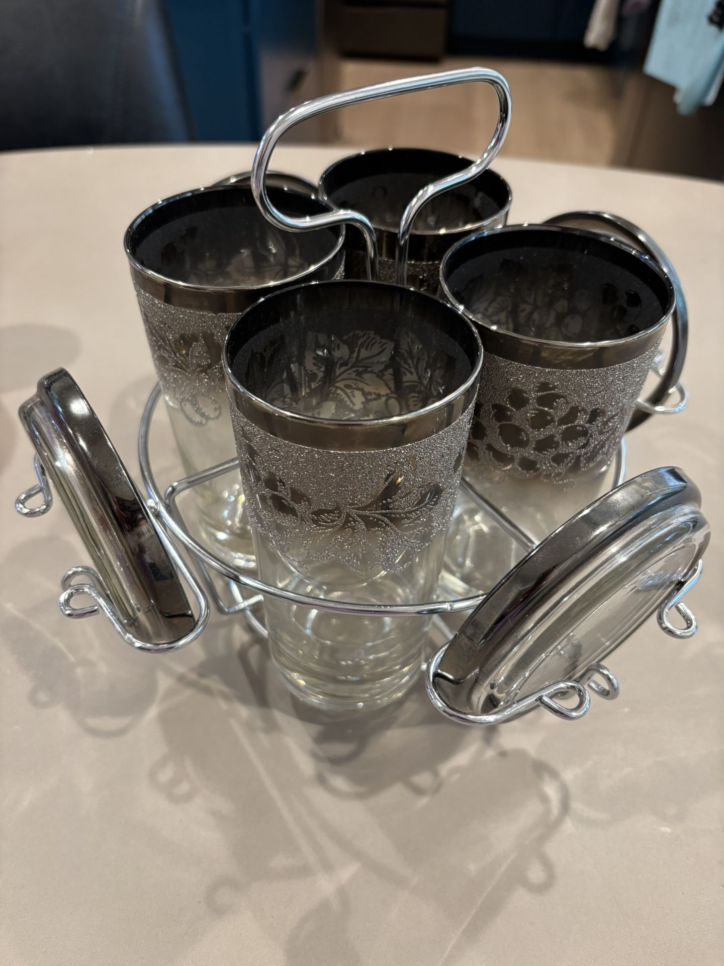 MCM Silver Fade Vitreon Queen’s Lustreware Highball Caddy With Coasters