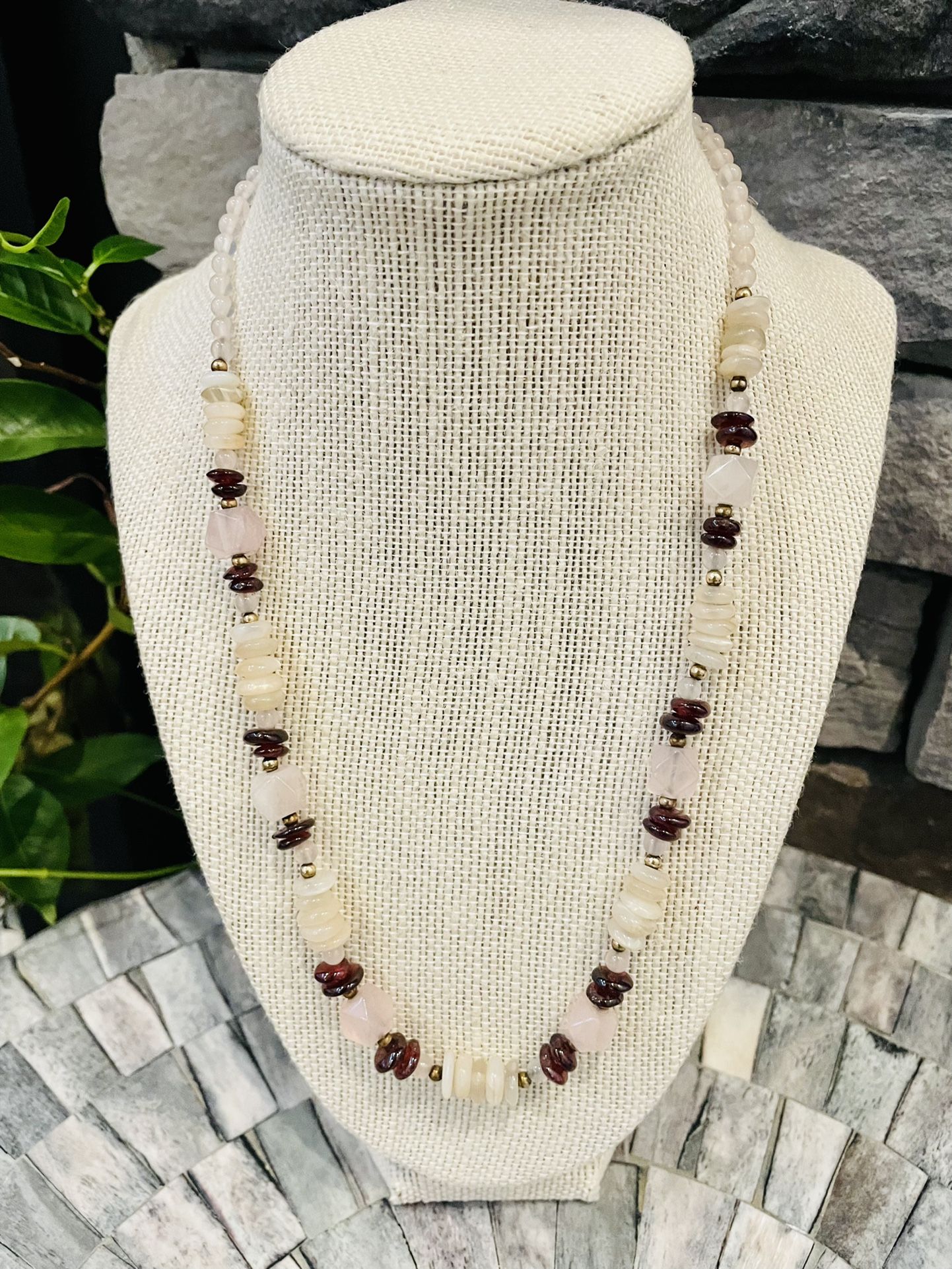 Rose Quartz, Moonstone And Garnet Necklace