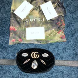Gucci Black Crystal Matelassé Velvet GG Marmont Belt Bag