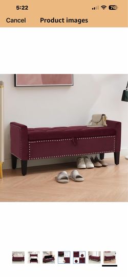 Storage Ottoman Bench, Velvet Upholstered Footstool for Bedroom and Living Room, Frosted Flannel Seat with Storage, Wooden Legs & Metal Rivets, red   