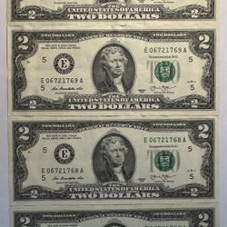 4x $2 Dollar Bills With Continuous Serial 