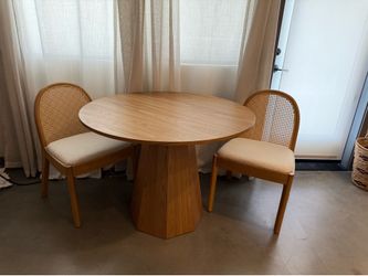 Modern Round Oak Dining Table Set w/ 4 Cane Back Chairs
