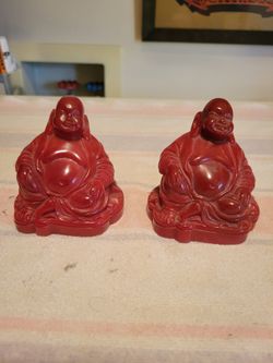 Pair Of Really Nice Red Cast Resin Happy Buddha Statues