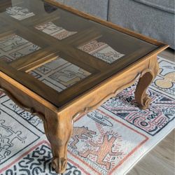 Restored Antique 1970s Solid Red Oak Coffee Table with Custom Removable Glass Inset Tabletop