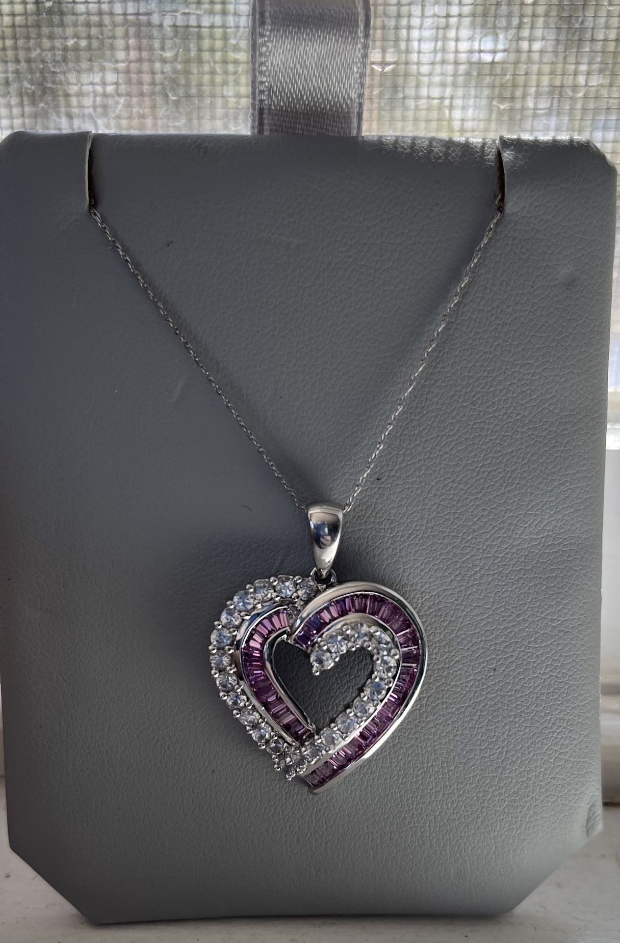 10KT White Gold Pink Ice and Diamond Pendant CZs. 10k White Gold Chain Included!