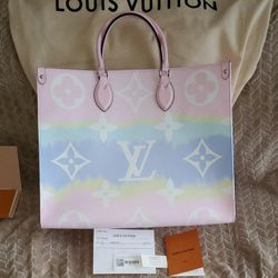 (contact )1112 Louis Vuitton Onthego Escale Collection Pink Pastel Coated Canvas Tote