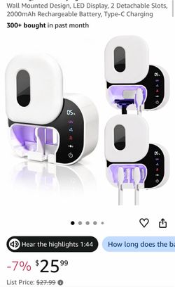 Toothbrush Holder for Bathroom, Dual-Mode UV Cleaning, Heated Drying Wall Mounted Design, LED Display, 2 Detachable Slots, 2000mAh Rechargeable Batter