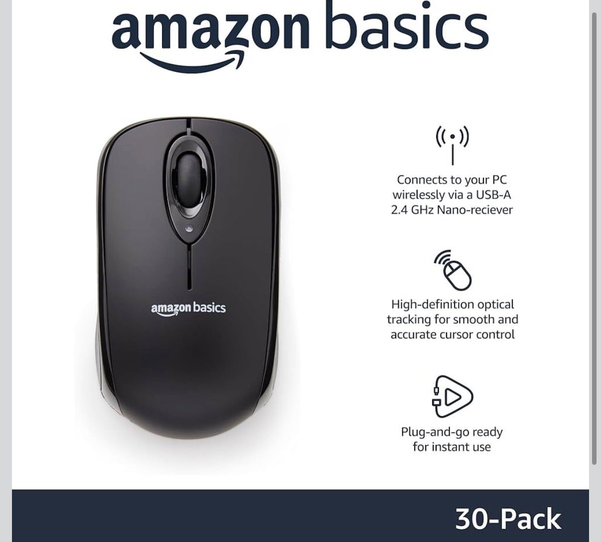 Amazon Basics 2.4 Ghz Wireless Optical Computer Mouse with USB Nano Receiver, Black, 30 Pack