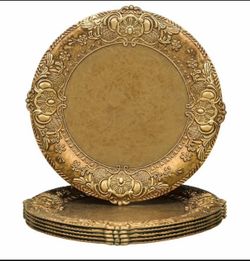 MAONAME 13" Antique Gold Charger Plates, Plate Chargers with Embossed Rim, Round Plastic Charger Plates for Wedding, Table Decor, Set of 6