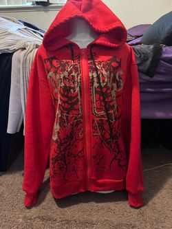 Red Graphic Zip-Up Hoodie