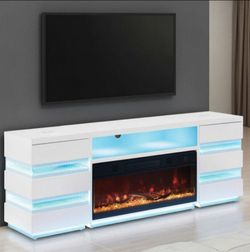 Brand New White 71'Inch TV Stand w Heating Fireplace + Bluetooth Speakers