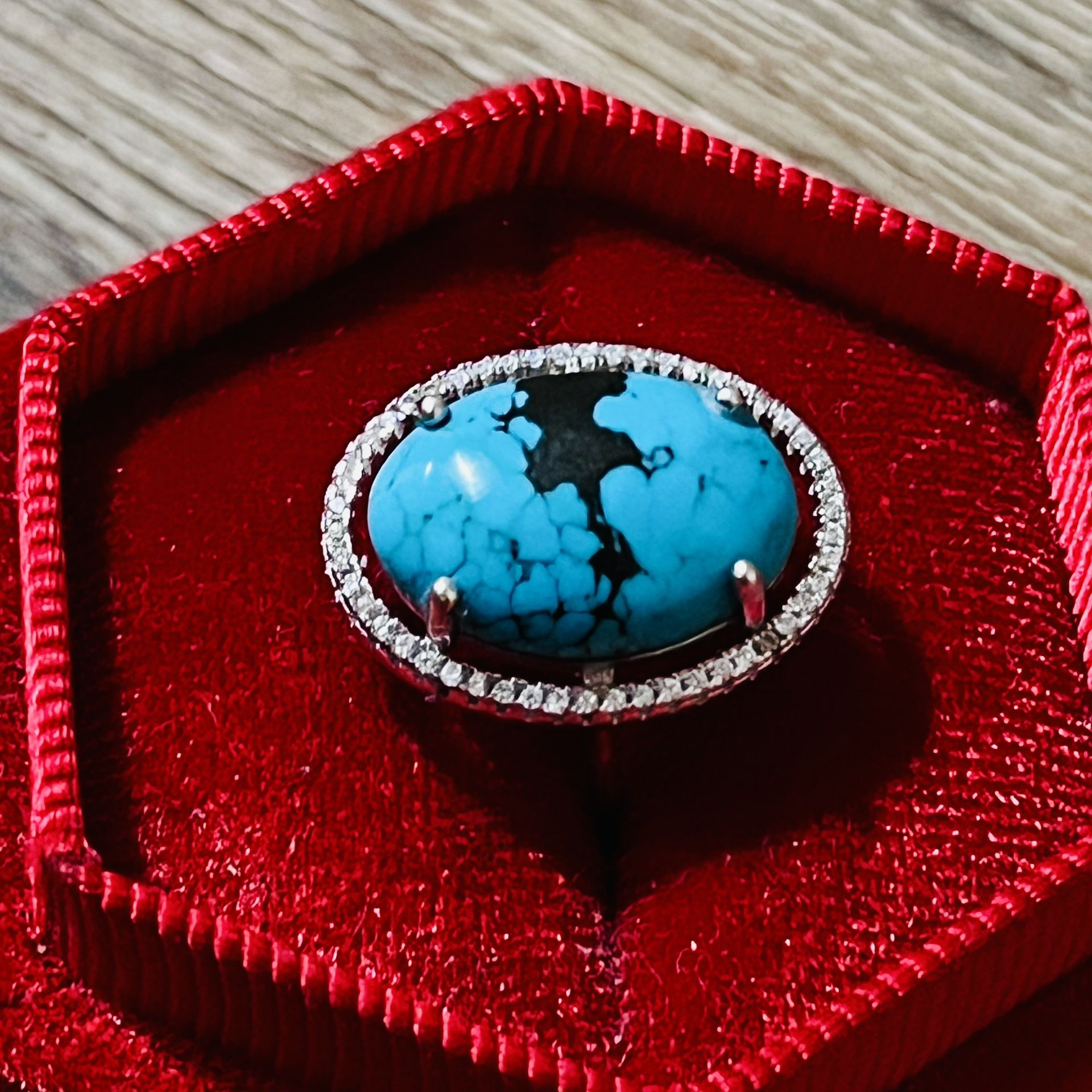 Natural Gemstone Turquoise Ring Eagle Ring Princess Style Deco Diamond Halo