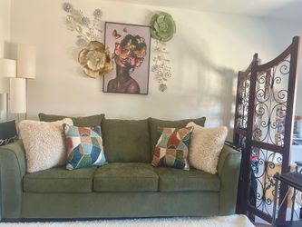 NEW- 88” green queen sleeper sofa w gel mattress