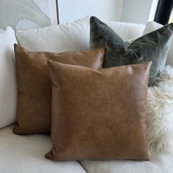 New Set of 2 Decor Brown Camel Pillows Faux Leather 19"×19" in