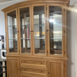 65” W Two-piece Lighted China Cabinet w/ Storage Oak Finish
