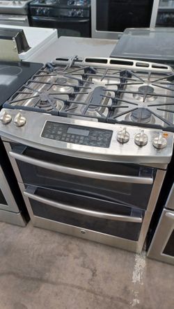 GE profile stainless steel gas range double oven