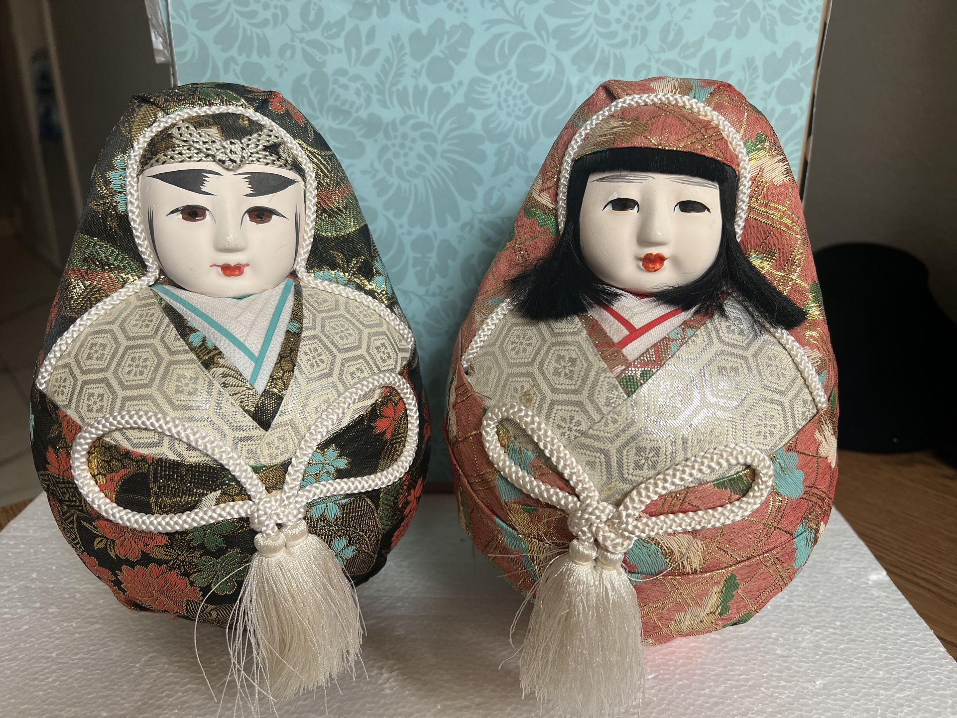 Set Vintage Lrg 9" Japanese Wedding Dolls Roly Poly Hime Daruma Doll Brocade