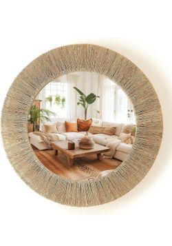 Chi An Home 24 Inch Natural Jute Mirror, Wall Mounted Round Mirror with Metal Frame, Wall Decor Rustic Farmhouse Boho Decor Accent for Bathroom, Bedro