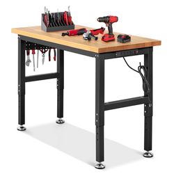 Work Bench for Garage Workbench with Pegboard Adjustable Height Work Table for Shop Woodworking, 48 x 20 Heavy Duty Rubber Wood Top for Office, Home, 